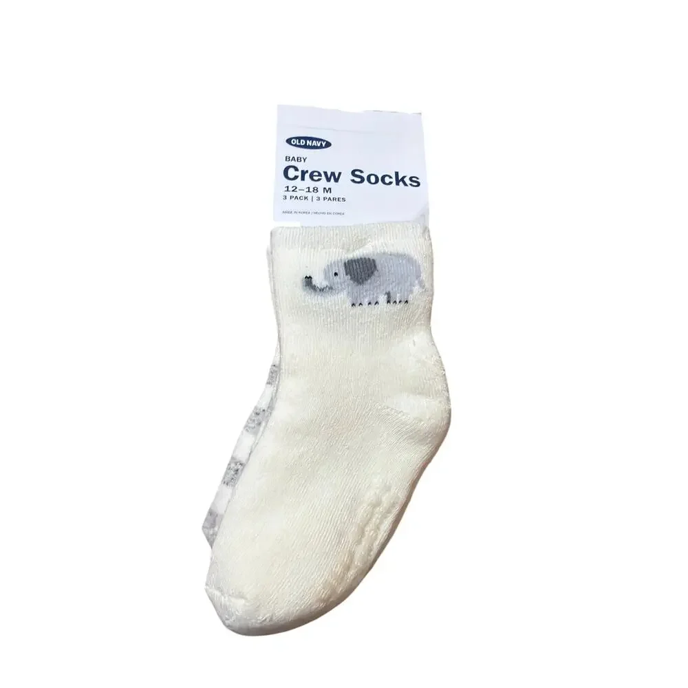 Old Navy Baby Crew Socks 3 Pack Elephant Gray & Cream Size 12-18 Months New